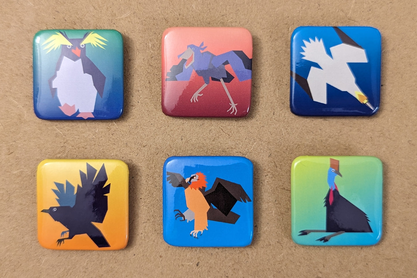 Vector Birds 1.5-Inch Square Pinback Buttons (Set of 6)