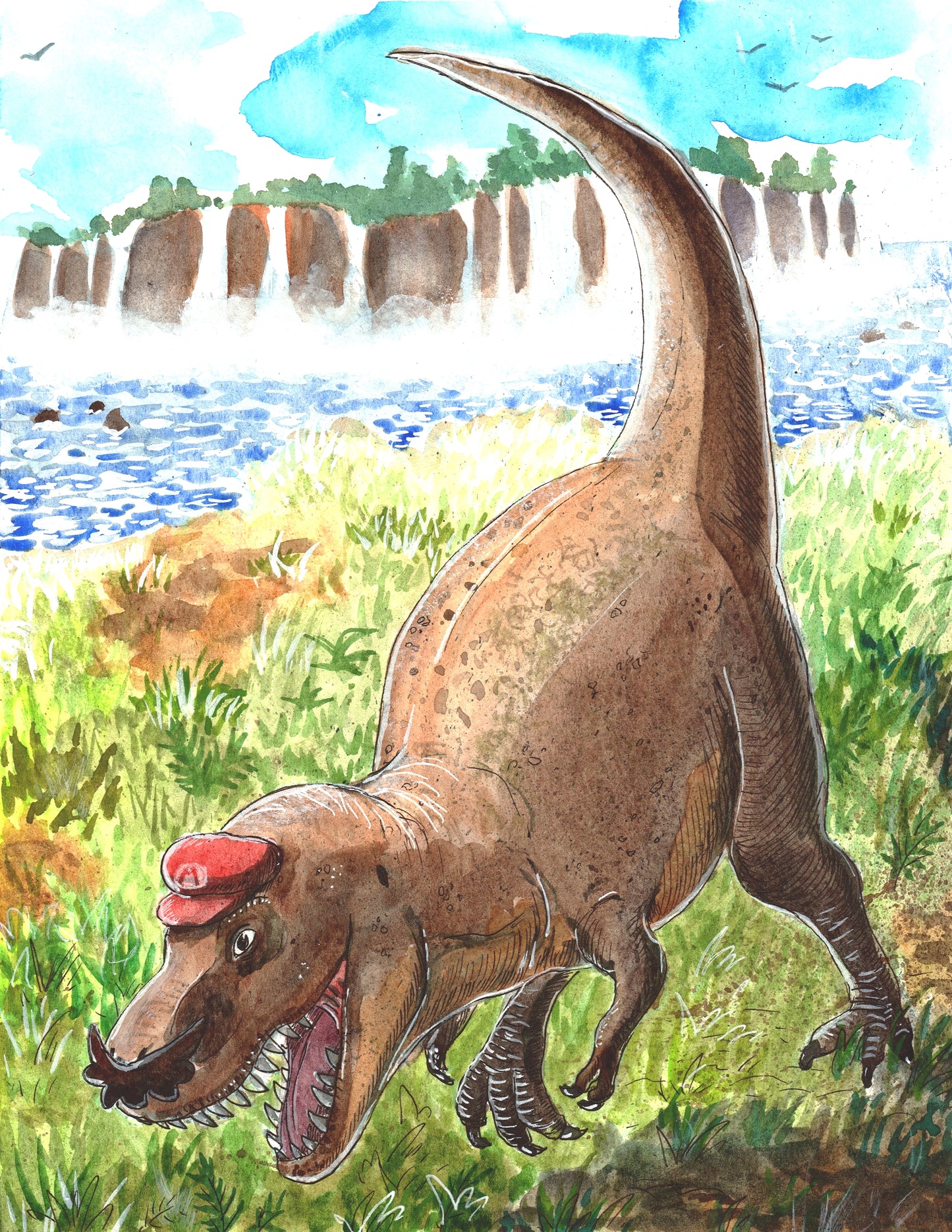 Tyrannosaurus Mario (Super Mario Odyssey) Watercolor Art Print