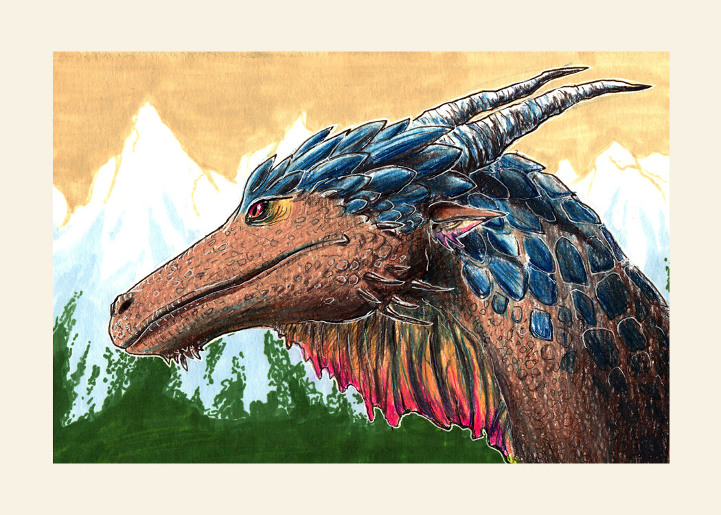 Mountain Dragon Bust Color Pencil and Marker Art Print