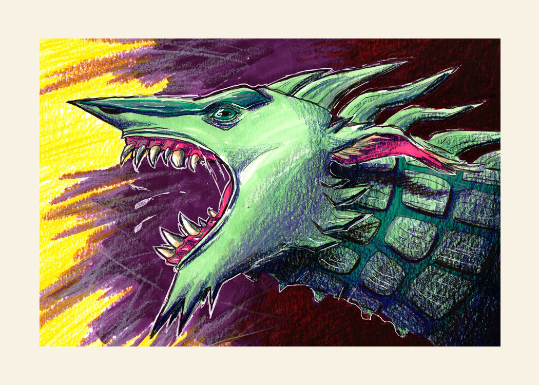 Shouting Dragon Bust Color Pencil and Marker Art Print